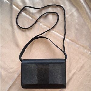 Elegant Black Satin 3 Way Clutch Handle Shoulder Bag Bow Detail on Front